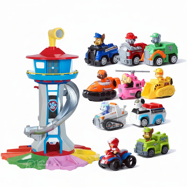 Torre de Rescate Infantil con Tobogán en Espiral y Pista para Vehículos