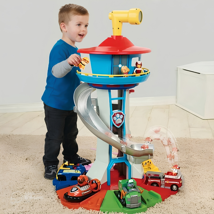 Torre de Rescate Infantil con Tobogán en Espiral y Pista para Vehículos