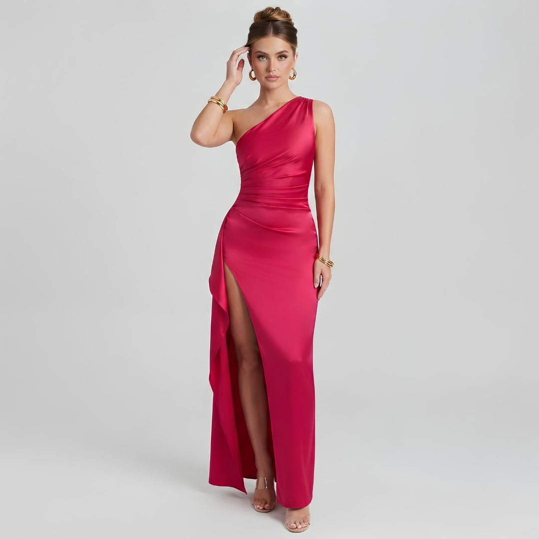 Vestido Maxi para Mujer de Un Solo Hombro con Frunces y Abertura Alta