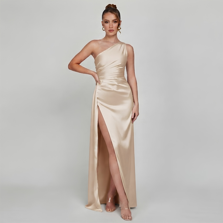 Vestido Maxi para Mujer de Un Solo Hombro con Frunces y Abertura Alta