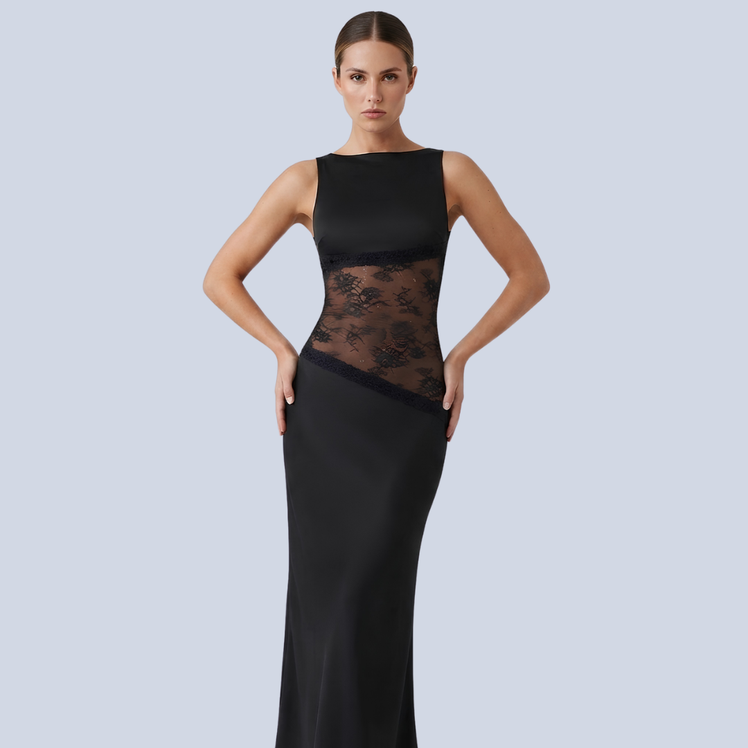 Vestido Maxi para Mujer sin Mangas con Cuello Barco y Panel de Encaje
