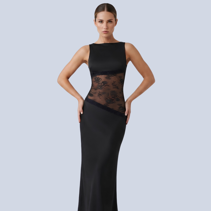 Vestido Maxi para Mujer sin Mangas con Cuello Barco y Panel de Encaje