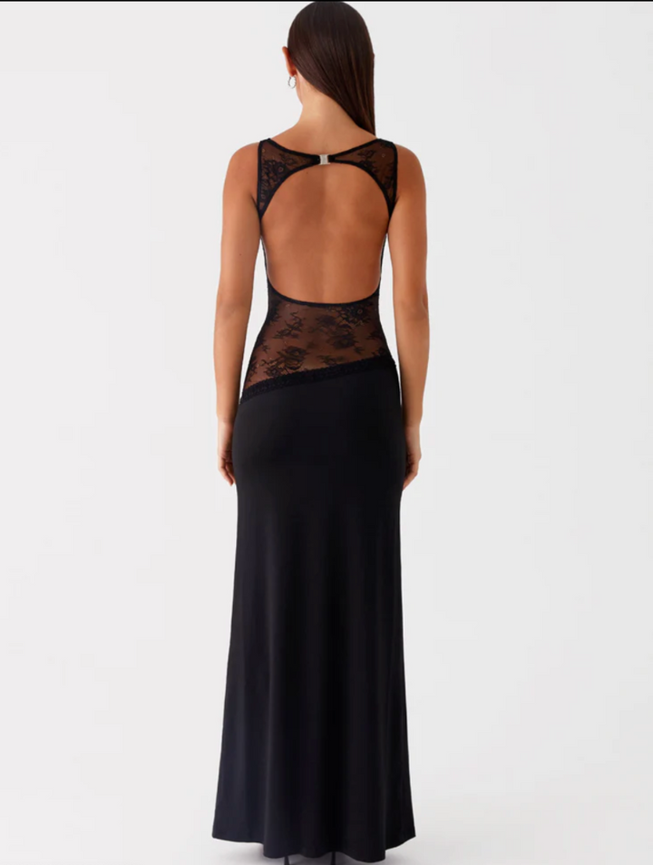 Vestido Maxi para Mujer sin Mangas con Cuello Barco y Panel de Encaje