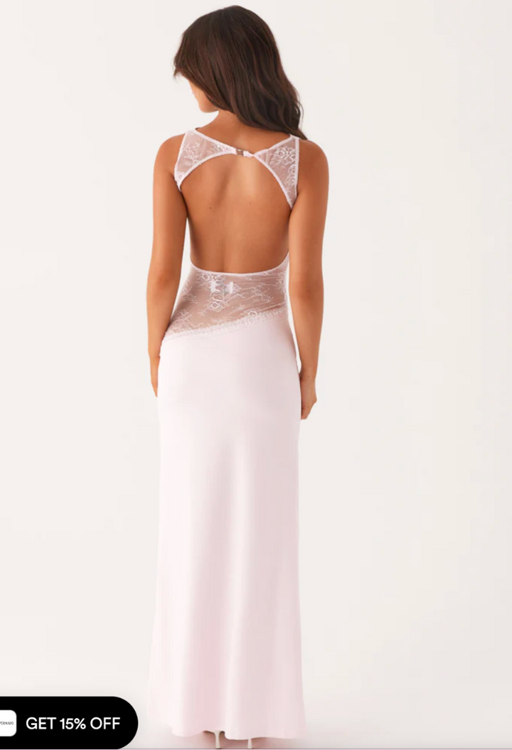 Vestido Maxi para Mujer sin Mangas con Cuello Barco y Panel de Encaje