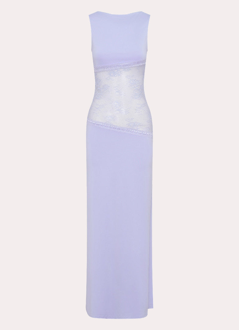 Vestido Maxi para Mujer sin Mangas con Cuello Barco y Panel de Encaje