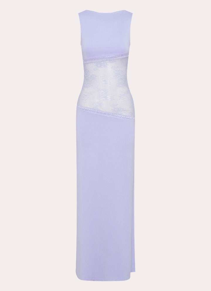 Vestido Maxi para Mujer sin Mangas con Cuello Barco y Panel de Encaje