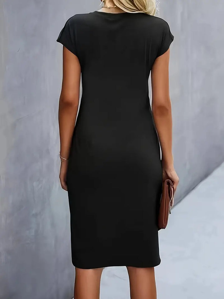 Vestido Midi para Mujer con Cuello Redondo y Fruncido Lateral