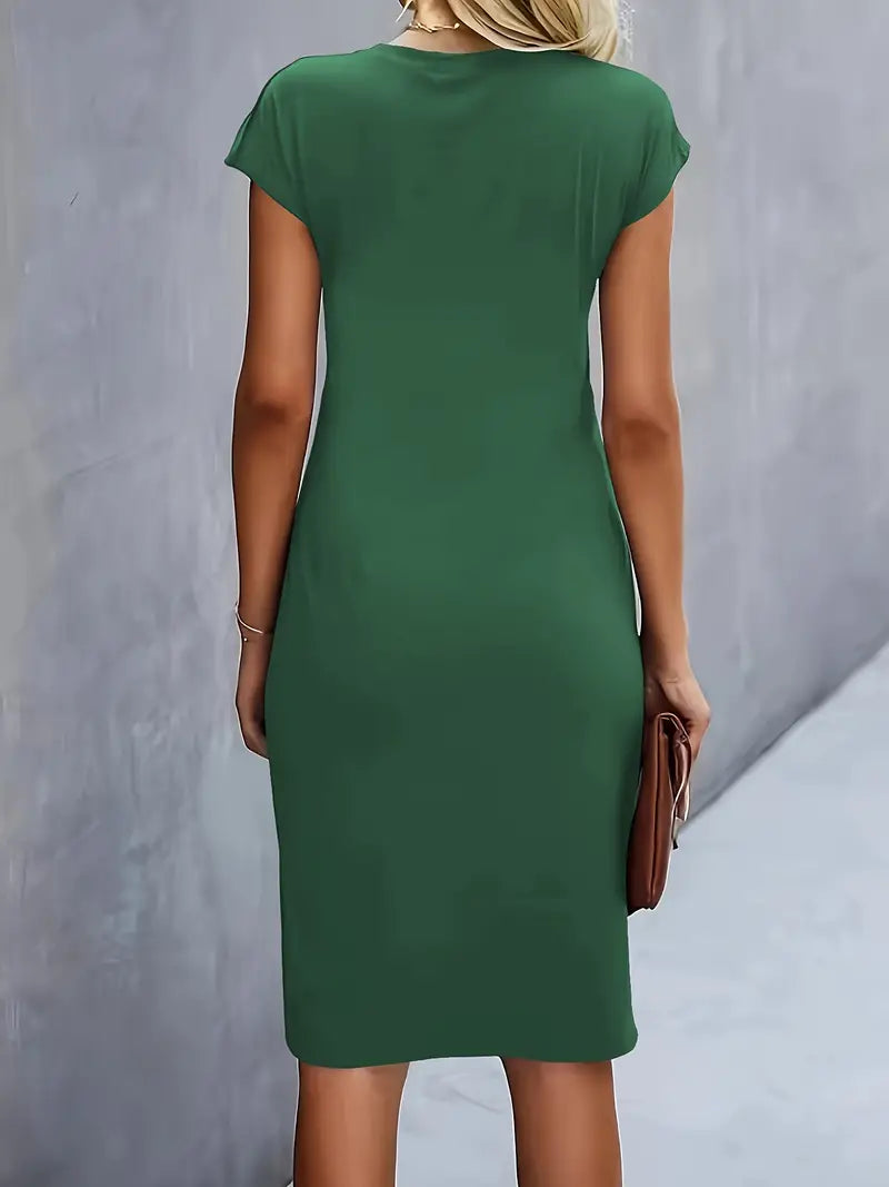 Vestido Midi para Mujer con Cuello Redondo y Fruncido Lateral
