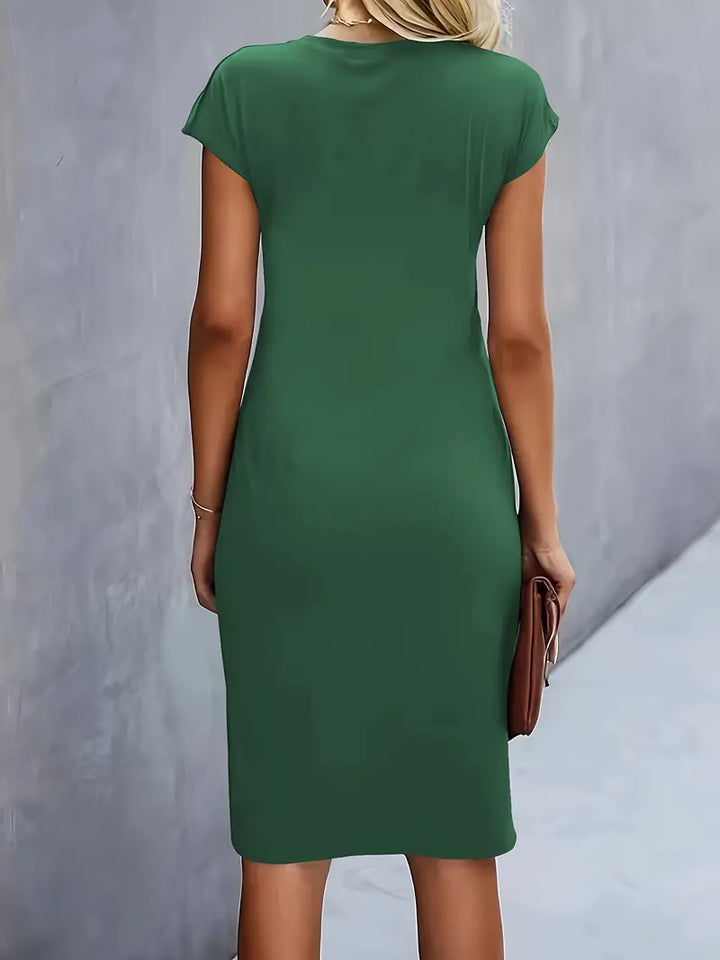 Vestido Midi para Mujer con Cuello Redondo y Fruncido Lateral