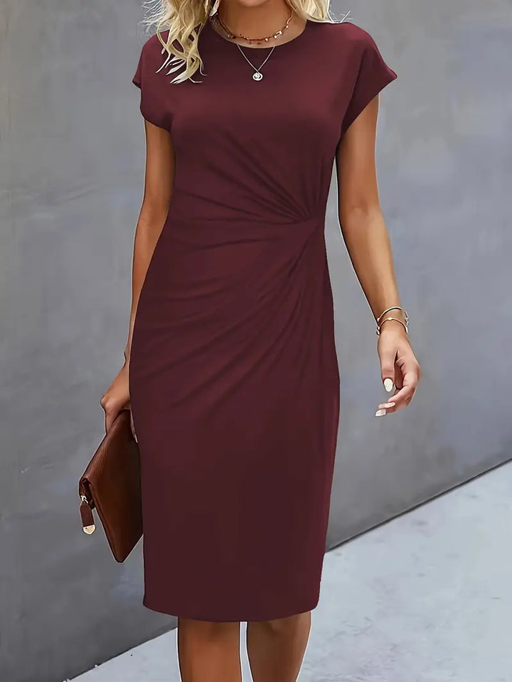 Vestido Midi para Mujer con Cuello Redondo y Fruncido Lateral