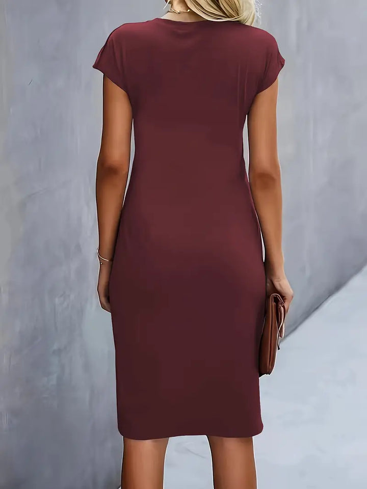 Vestido Midi para Mujer con Cuello Redondo y Fruncido Lateral