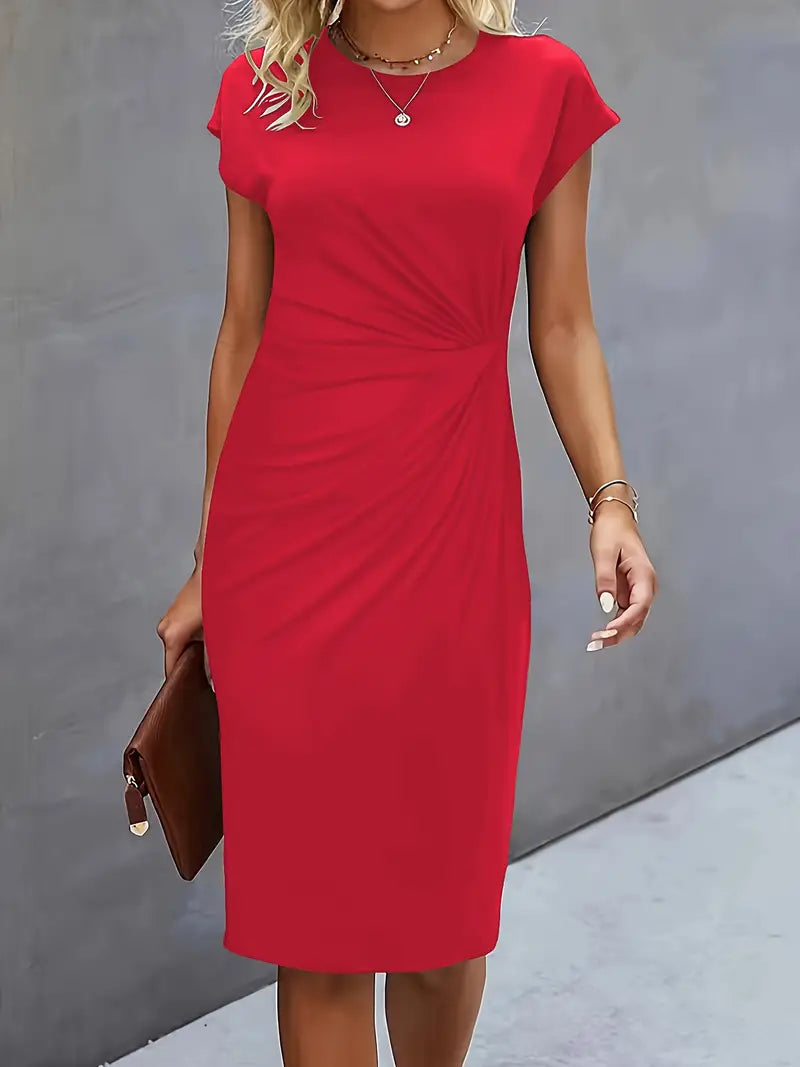 Vestido Midi para Mujer con Cuello Redondo y Fruncido Lateral