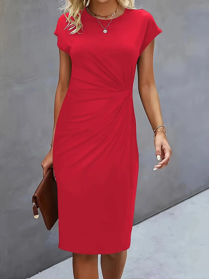 Vestido Midi para Mujer con Cuello Redondo y Fruncido Lateral