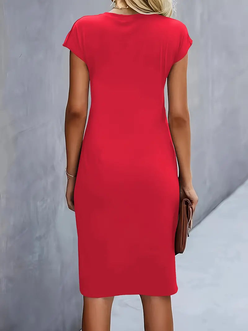 Vestido Midi para Mujer con Cuello Redondo y Fruncido Lateral