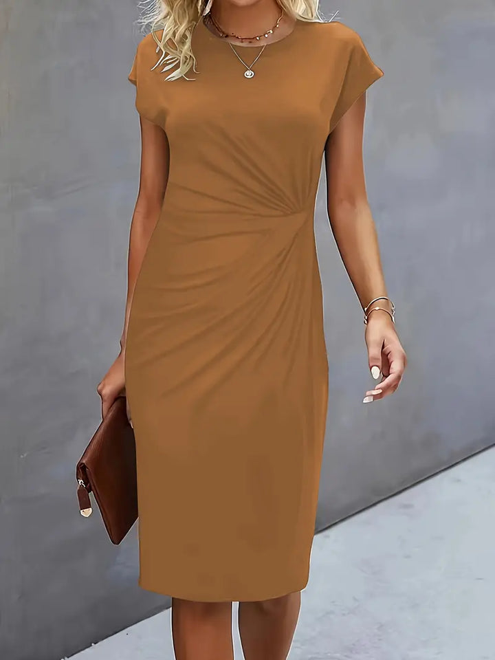 Vestido Midi para Mujer con Cuello Redondo y Fruncido Lateral
