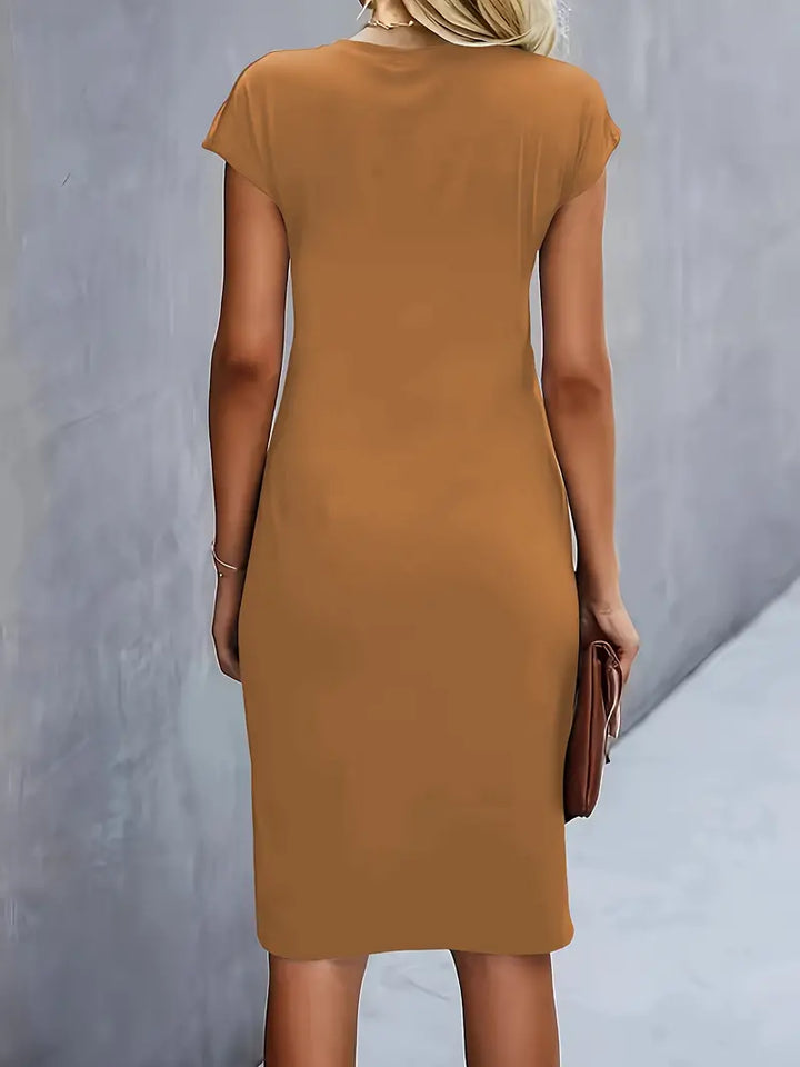 Vestido Midi para Mujer con Cuello Redondo y Fruncido Lateral