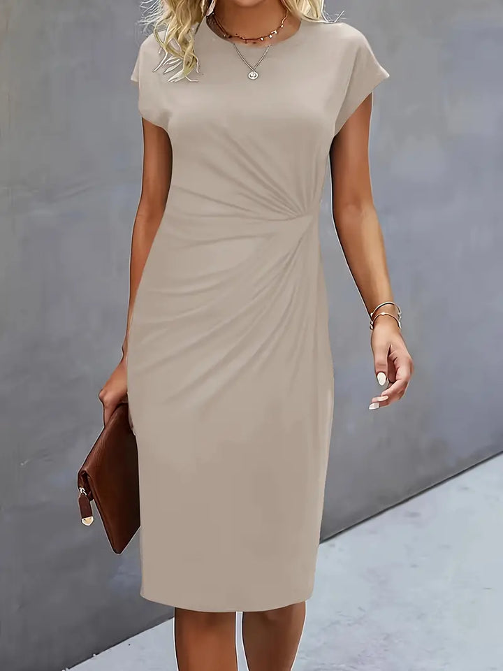 Vestido Midi para Mujer con Cuello Redondo y Fruncido Lateral