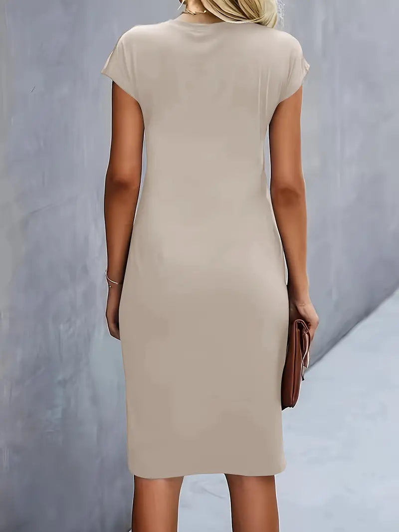 Vestido Midi para Mujer con Cuello Redondo y Fruncido Lateral