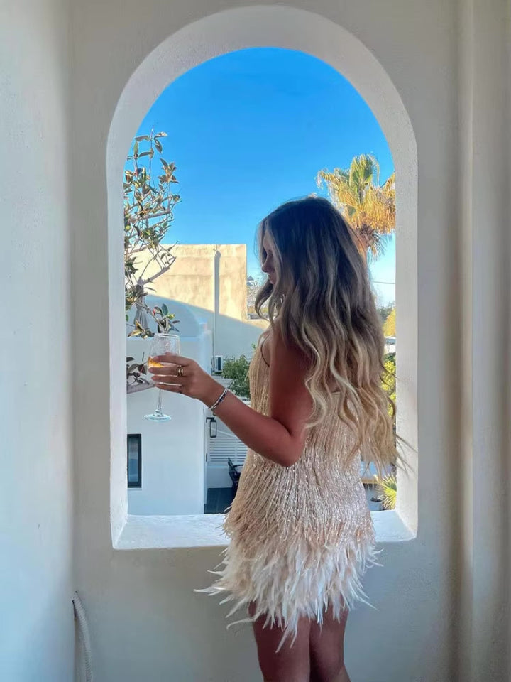 Vestido Mini para Mujer con Flecos, Lentejuelas y Escote en V