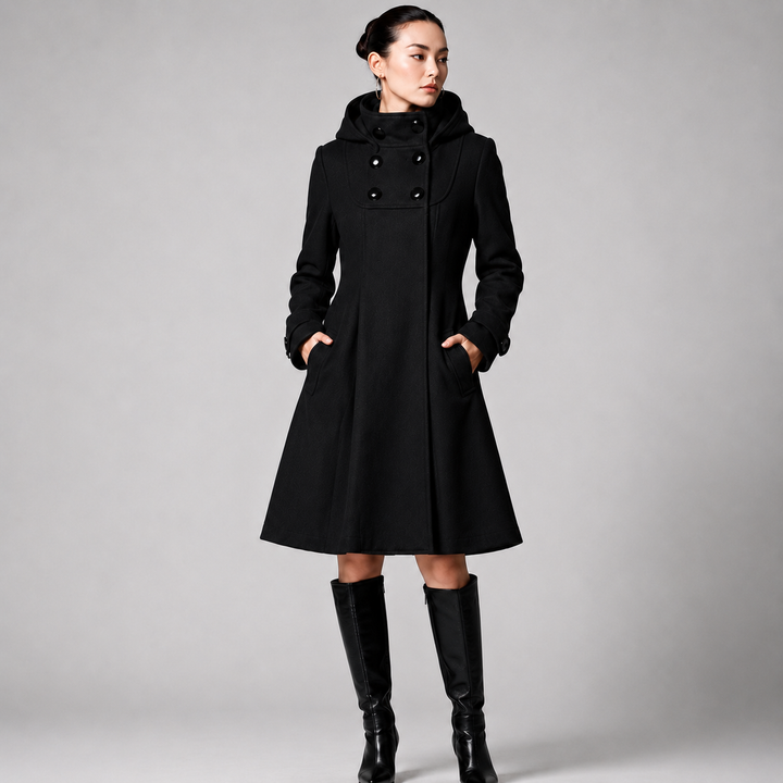 Abrigo Acampanado con Capucha – Negro