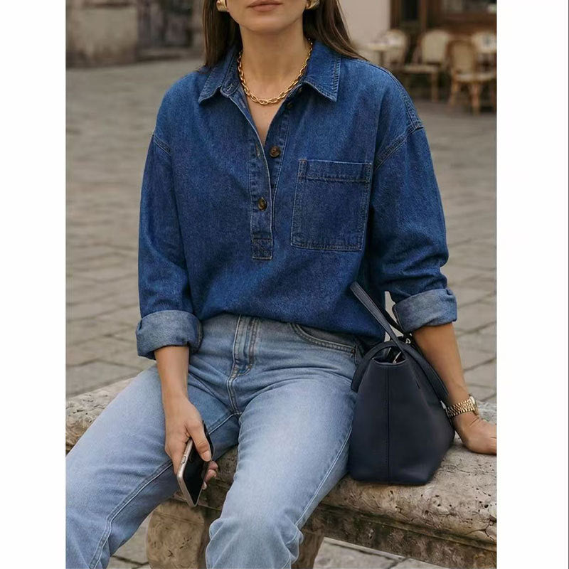 Camisa Holgada con Bolsillo – Azul Oscuro