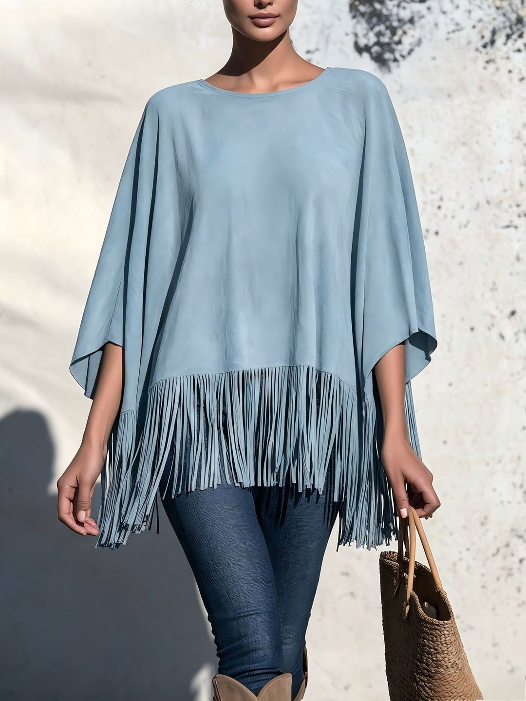 Blusa Holgada con Flecos – Azul Cielo