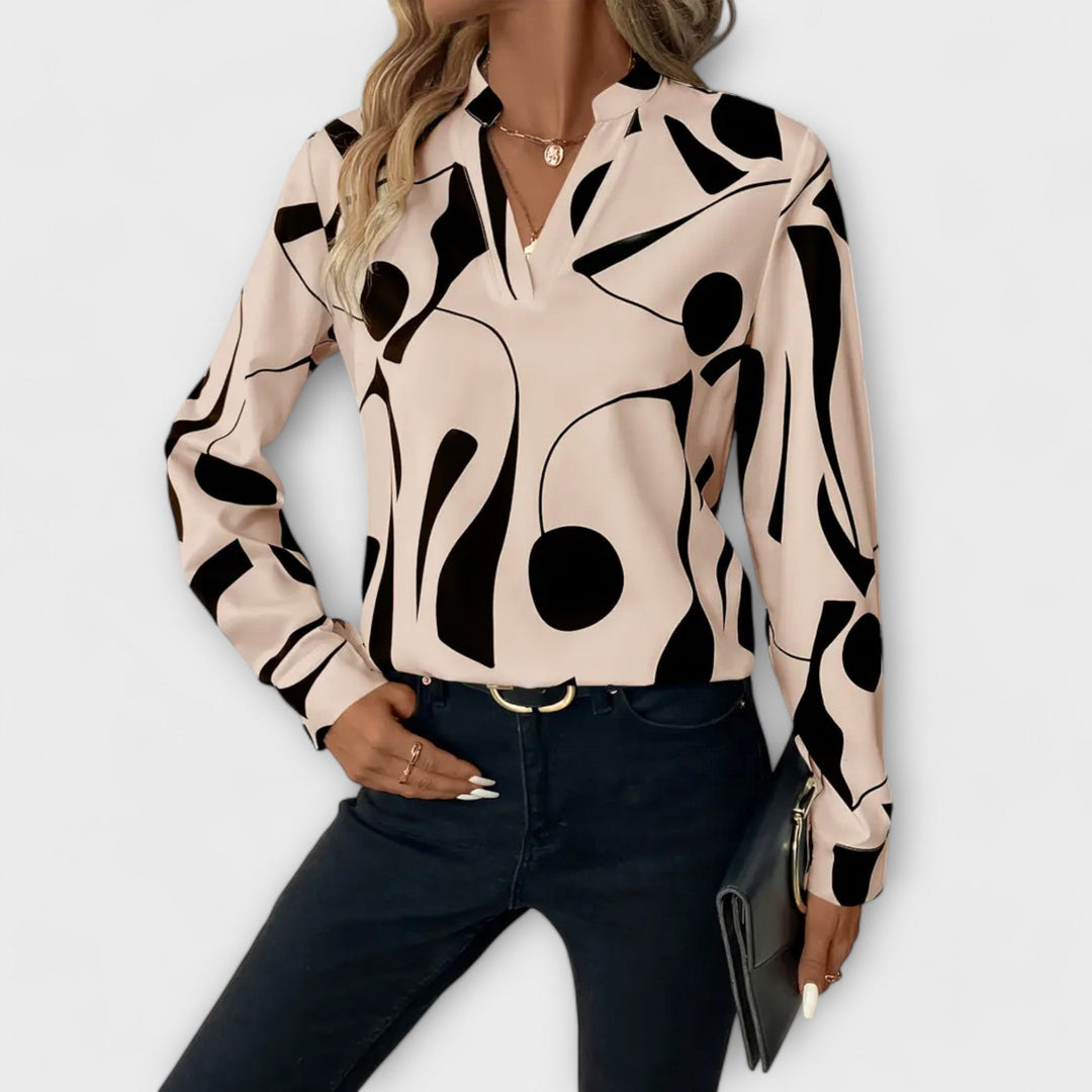 Blusa Estampada de Cuello Pico – Beige