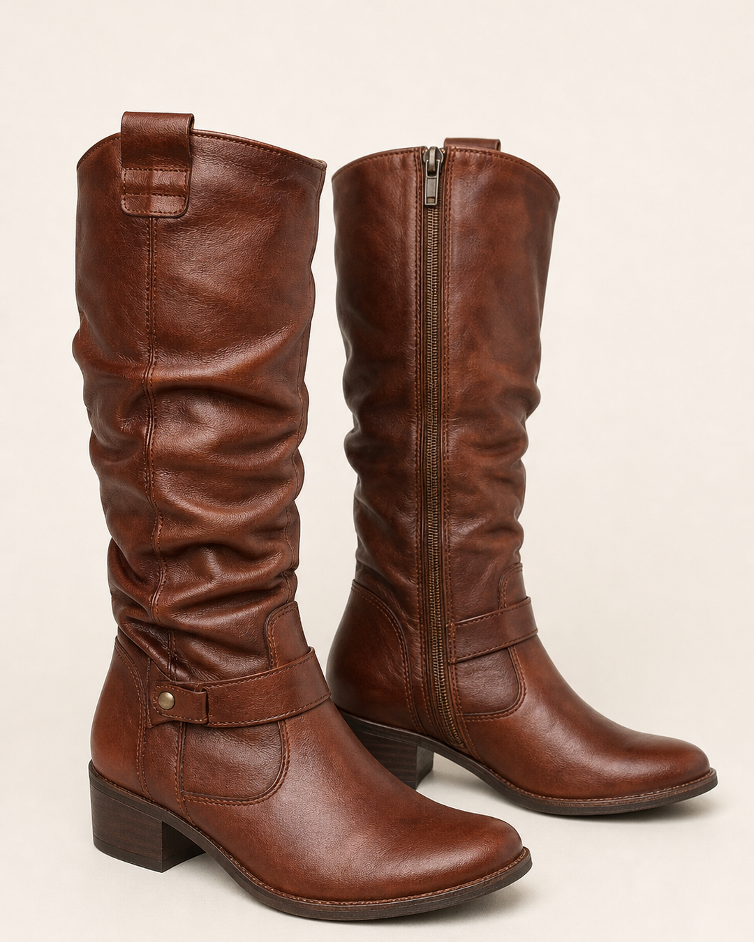 Botas Altas de Tacón Bajo – Burdeos Brillante
