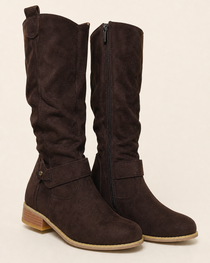 Botas Altas de Tacón Bajo – Marrón Oscuro con Suela Clara