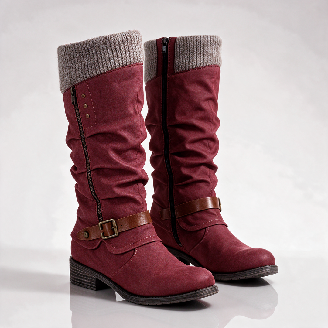 Botas Fruncidas con Hebilla – Rojo