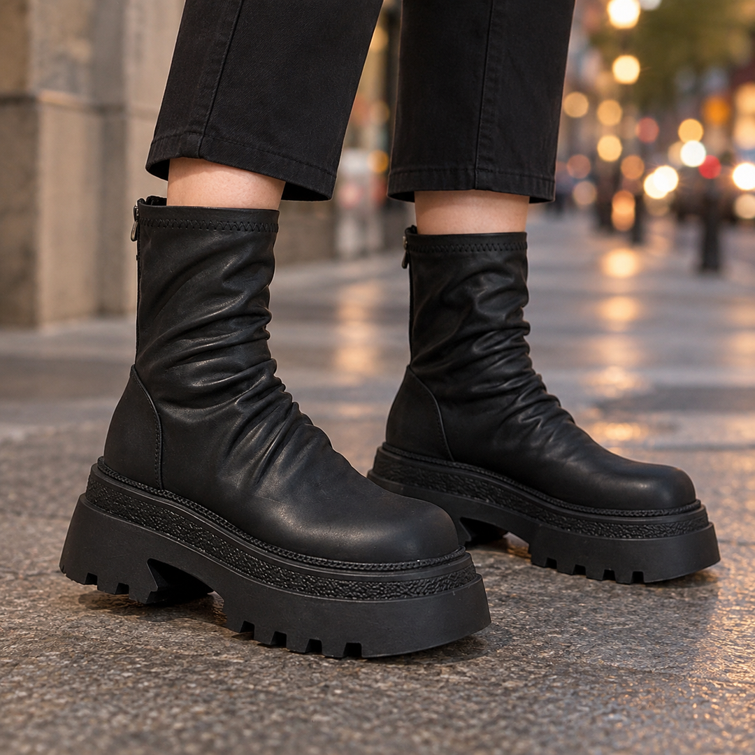 Botines Fruncidos con Plataforma – Negro