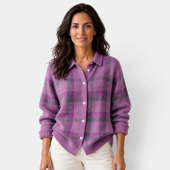 Cárdigan a Cuadros con Botones – Morado