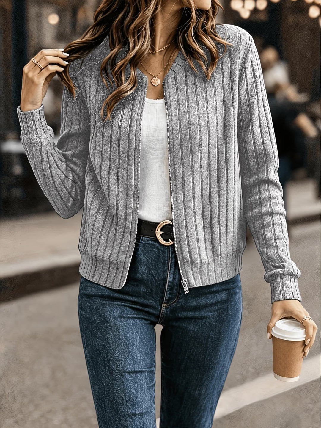 Cárdigan Casual con Cremallera – Gris