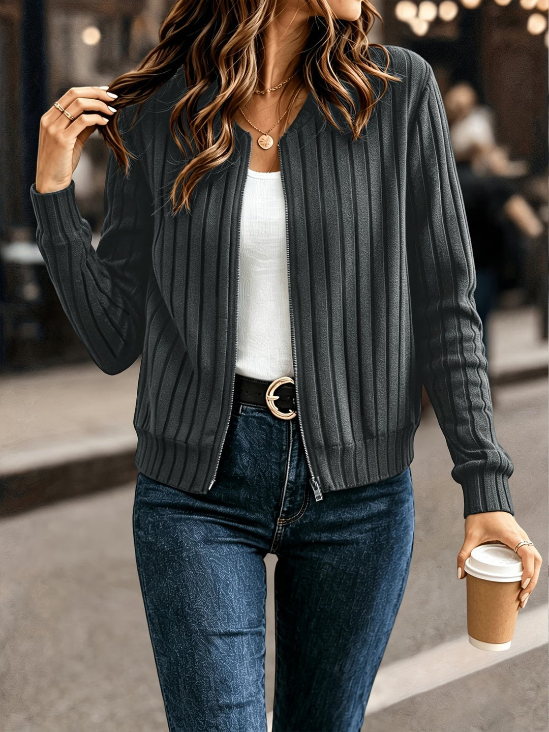 Cárdigan Casual con Cremallera – Gris Oscuro