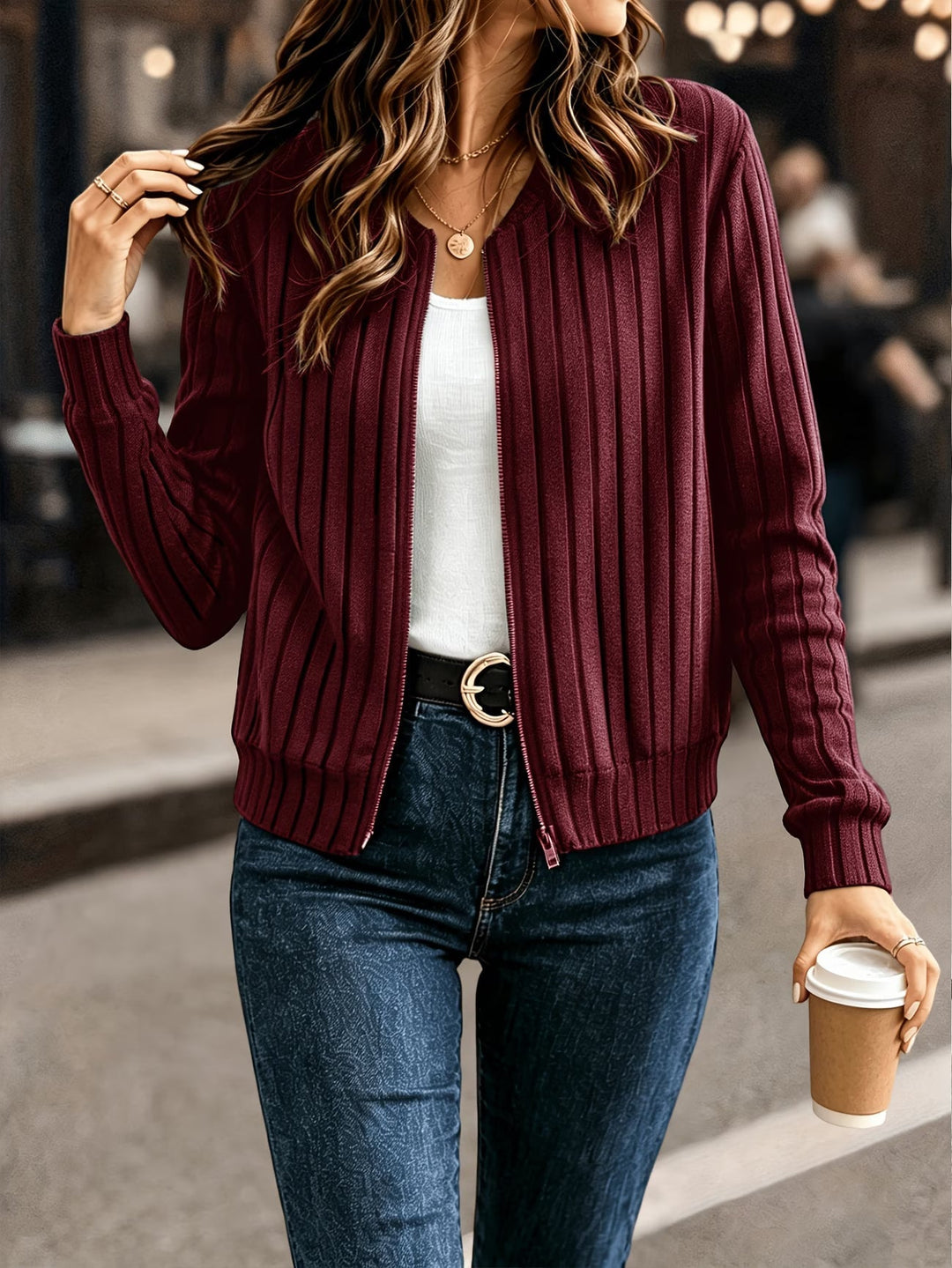 Cárdigan Casual con Cremallera – Rojo