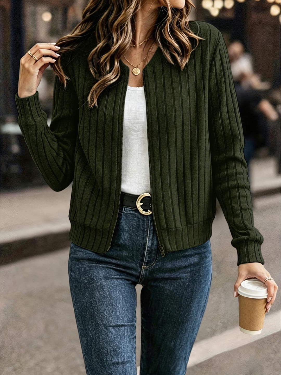 Cárdigan Casual con Cremallera – Verde