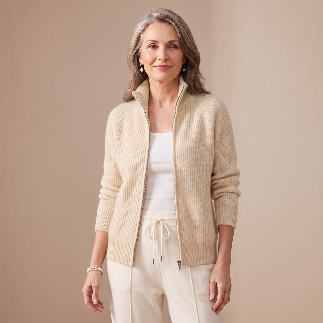 Cárdigan Entallado con Cremallera – Beige
