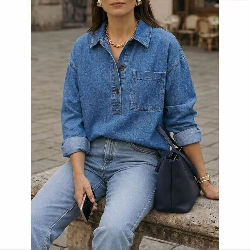 Camisa Holgada con Bolsillo – Celeste