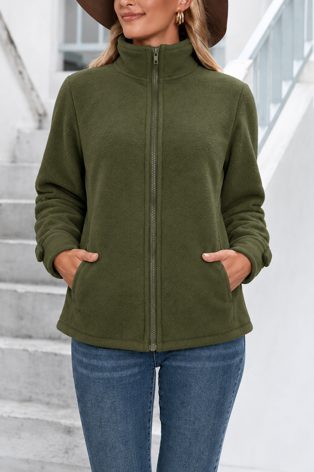 Chaqueta Suave con Cremallera – Verde Oliva