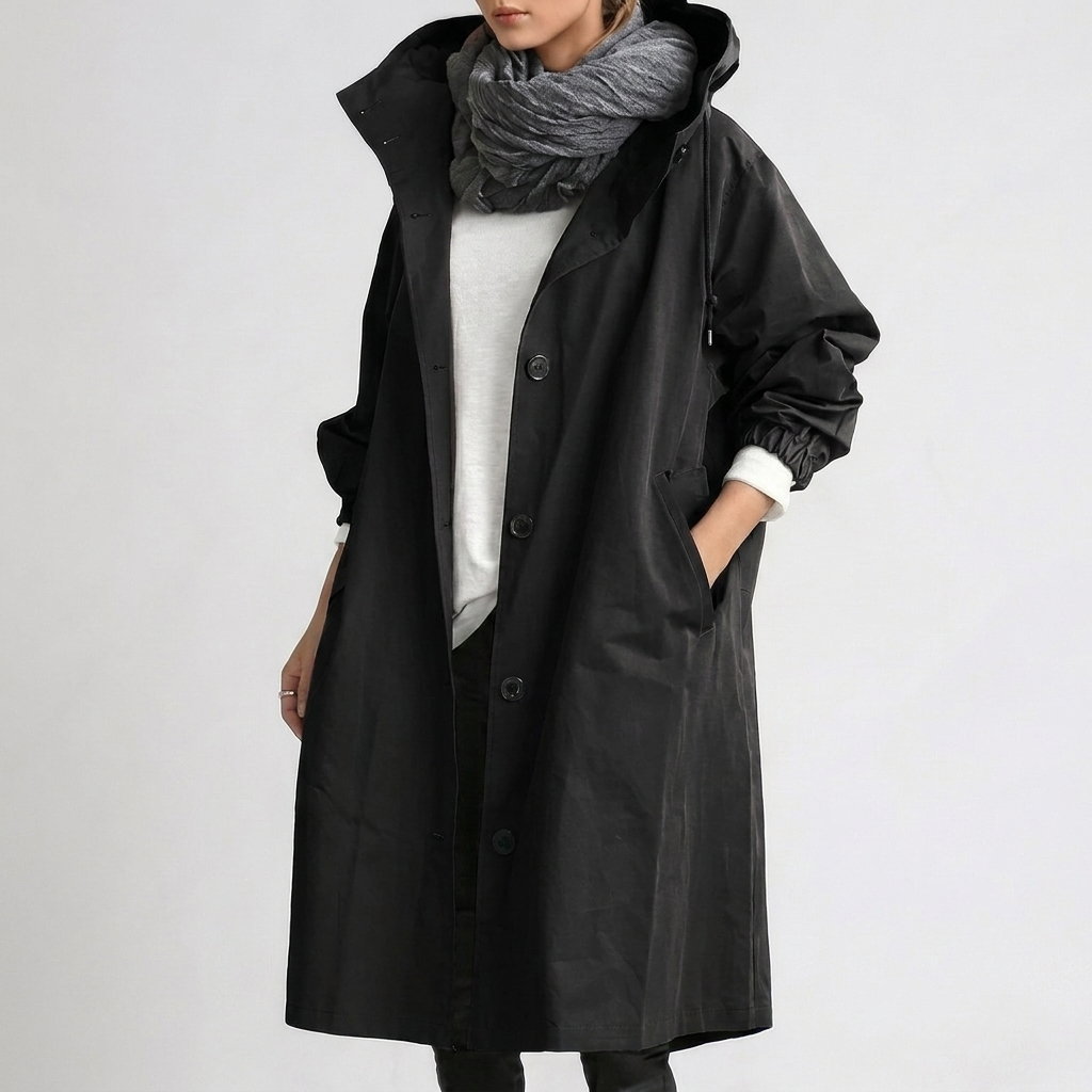 Chubasquero Largo con Capucha – Negro