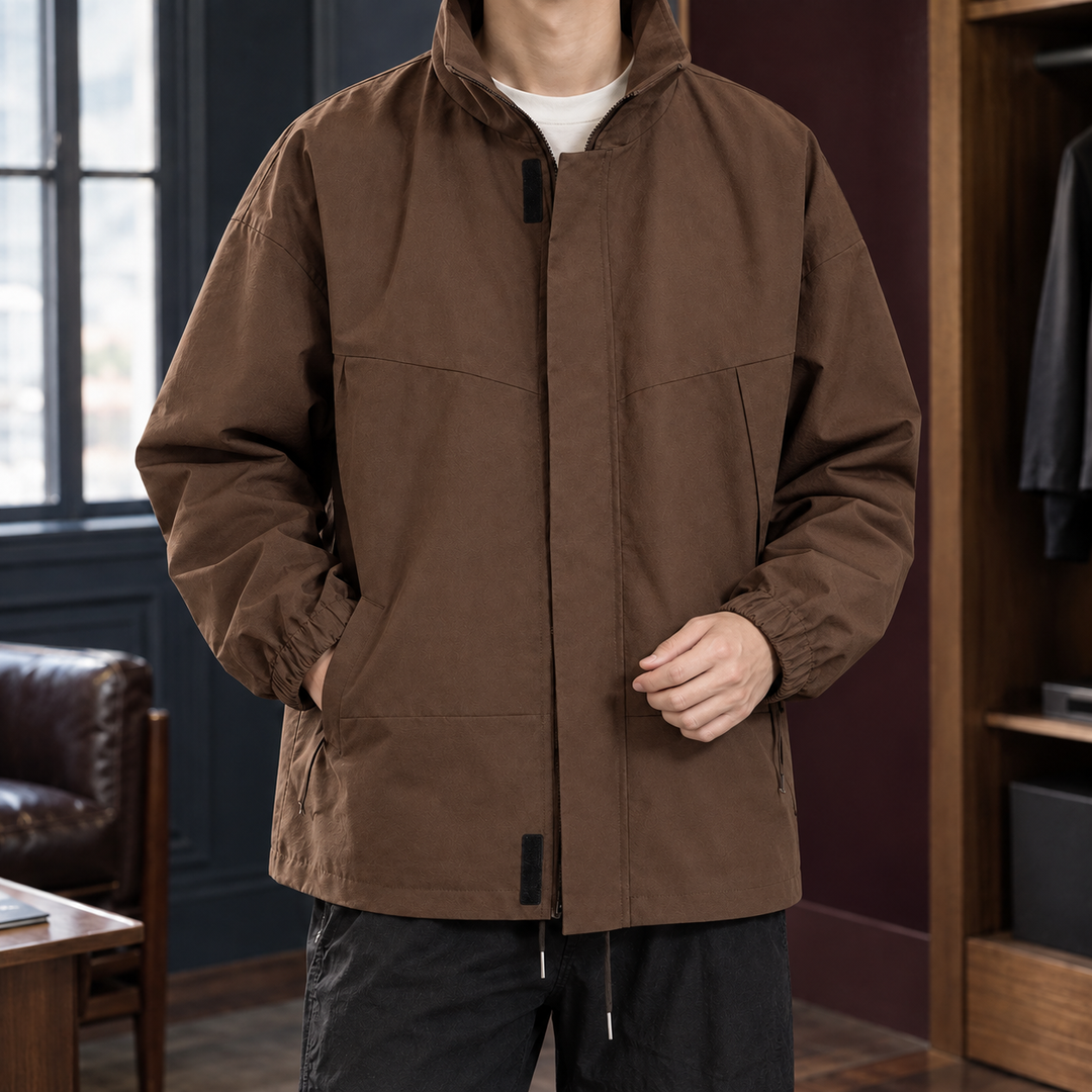 Chaqueta Minimalista de Cuello Subido – Marrón Oscuro