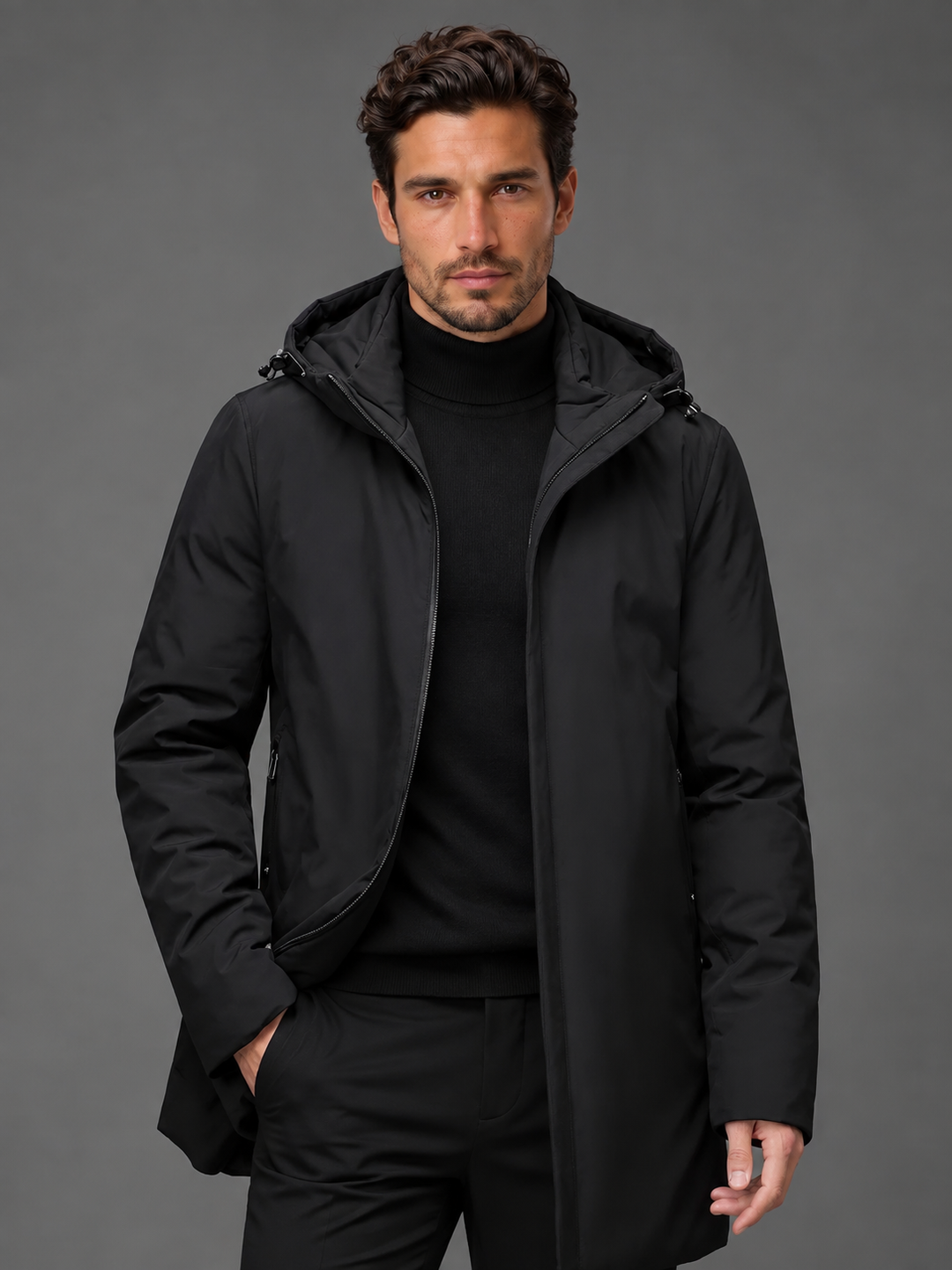 Chaqueta Recta con Capucha – Negro