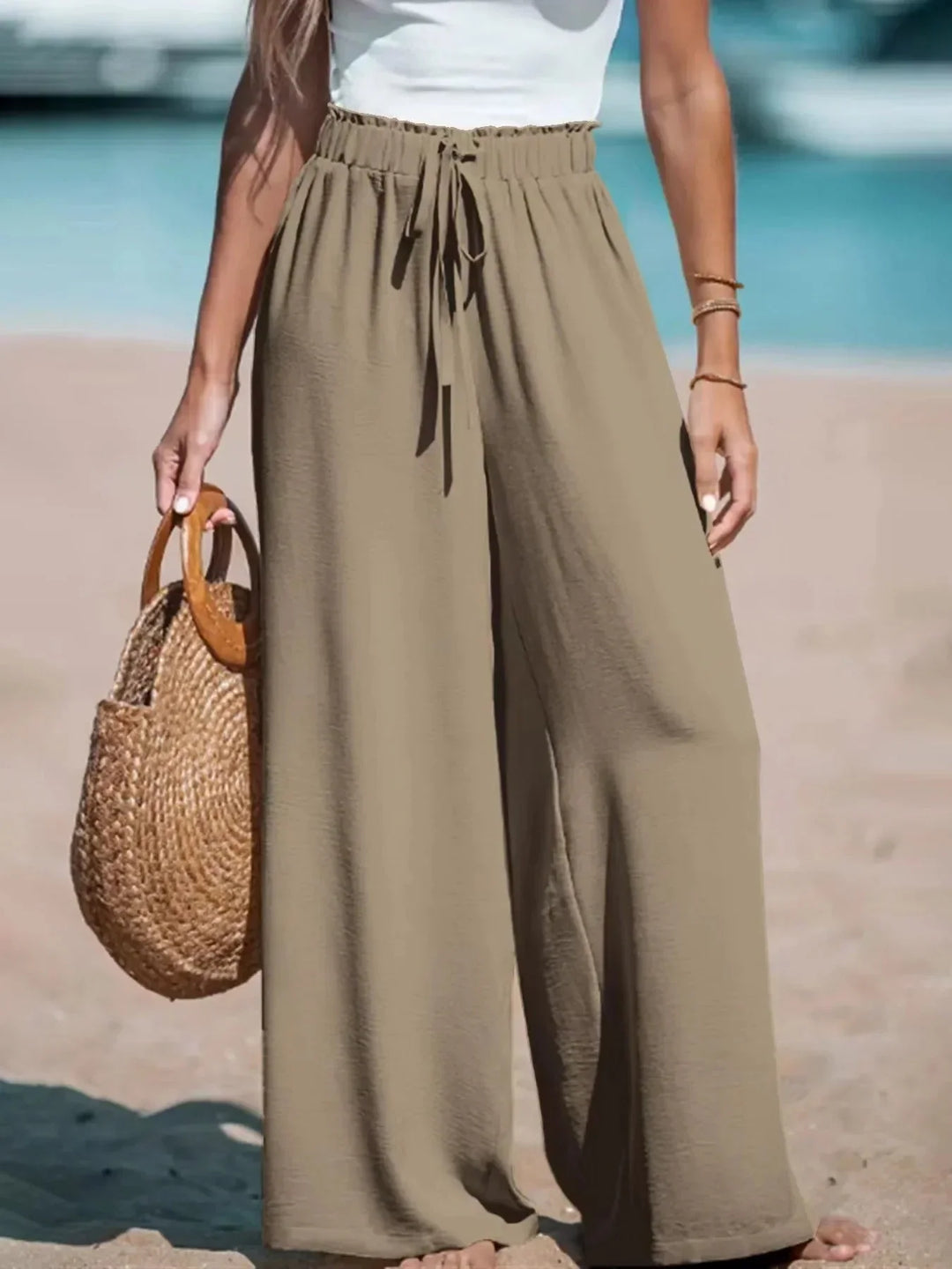 Pantalón Fluido de Tiro Alto – Caqui