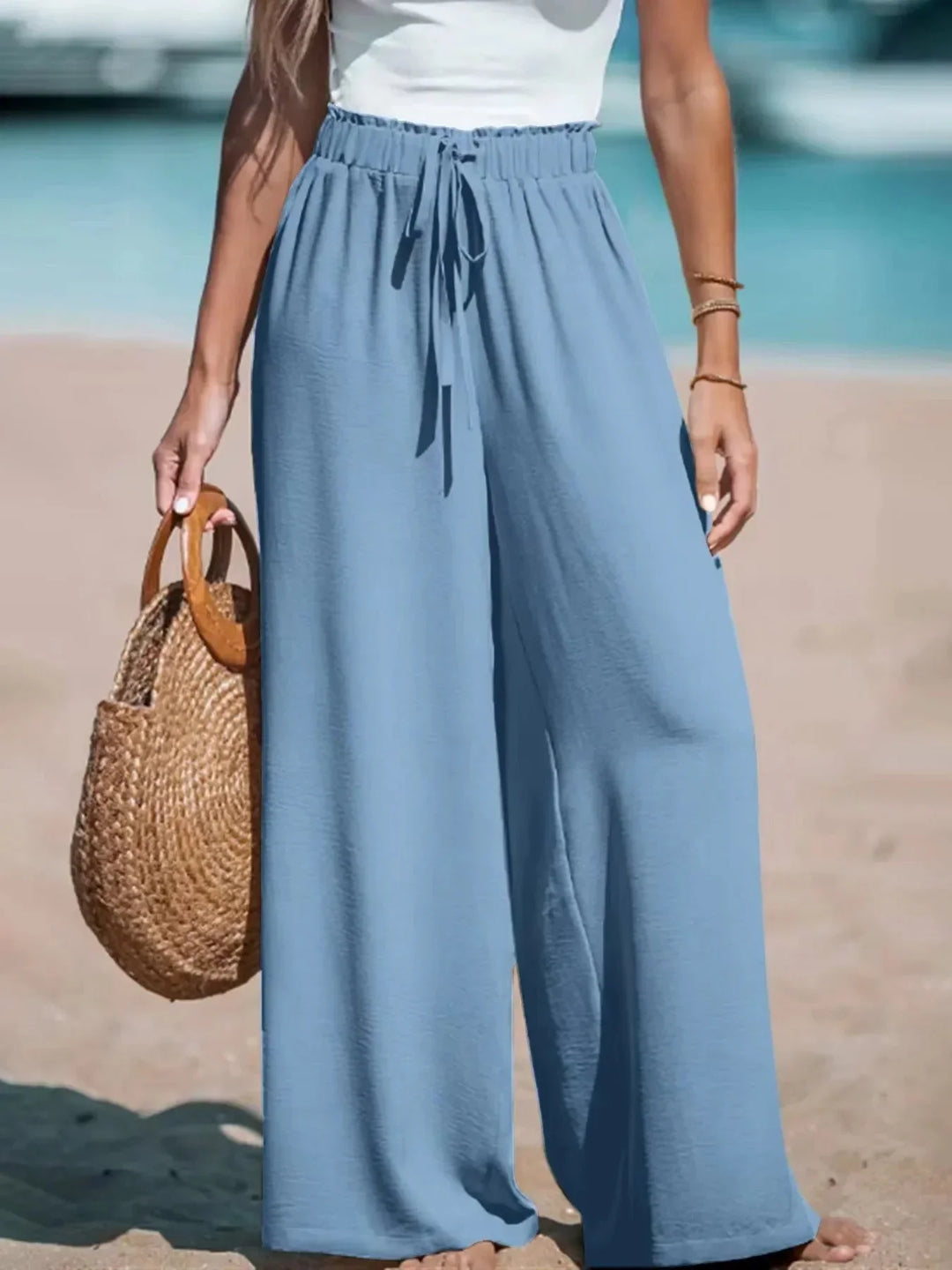 Pantalón Fluido de Tiro Alto – Azul