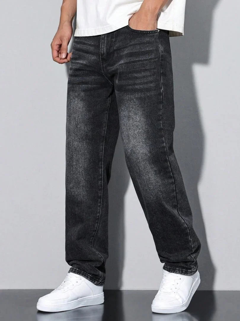 Pantalón Recto Efecto Lavado – Negro