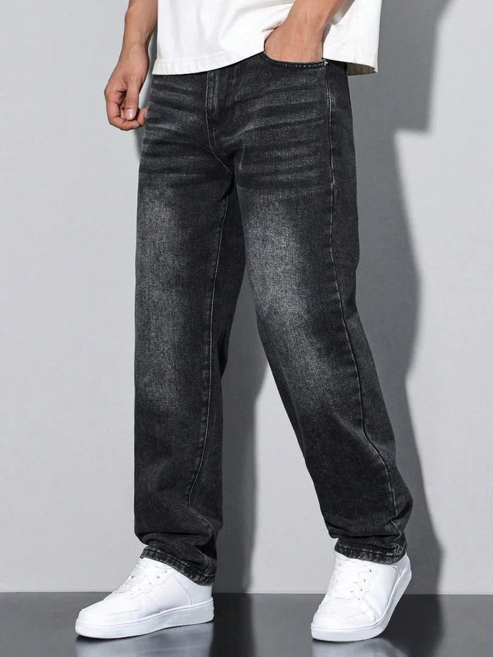 Pantalón Recto Efecto Lavado – Negro