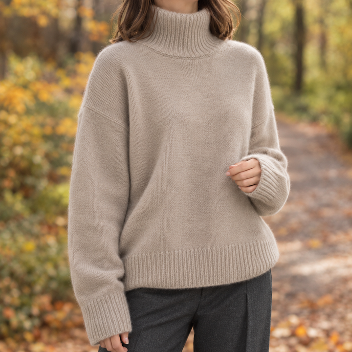 Jersey Amplio de Cuello Alto – Beige