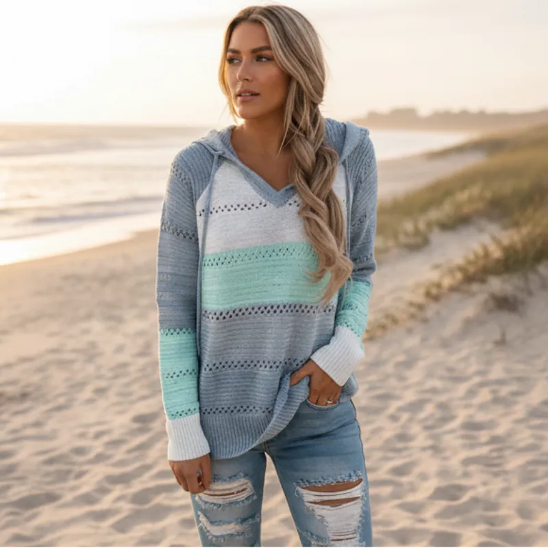 Jersey con Capucha y Rayas – Azul Claro