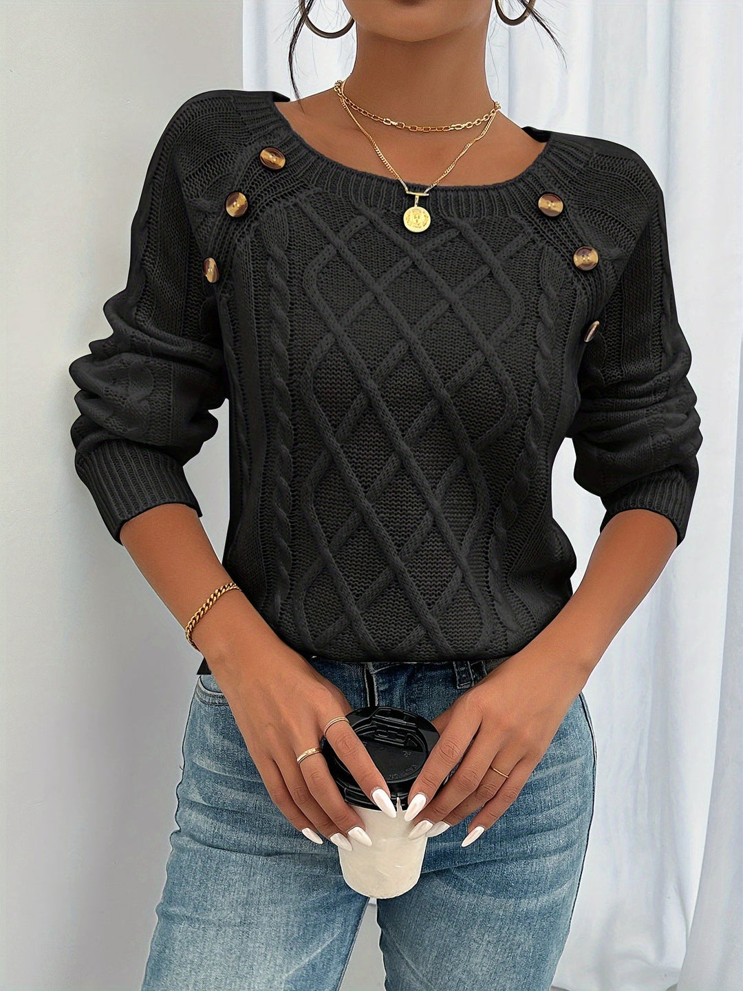 Jersey con Rombos y Botones – Negro