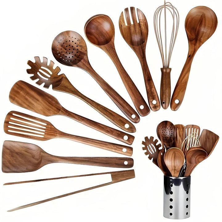 Juego de Utensilios de Cocina de Madera de Teca - 11 Piezas con Soporte